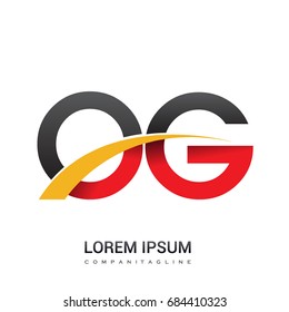 initial letter OG logotype company name colored red, black and yellow swoosh design. isolated on white background.
