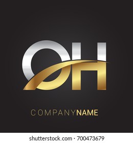 initial letter OH logotype company name colored gold and silver swoosh design. isolated on black background.