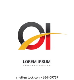 initial letter OI logotype company name colored red, black and yellow swoosh design. isolated on white background.
