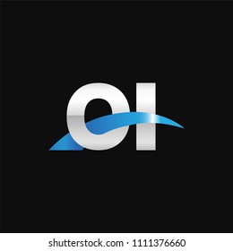 Initial letter OI, overlapping movement swoosh logo, metal silver blue color on black background