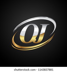 initial letter OJ logotype company name colored gold and silver swoosh design. isolated on black background.