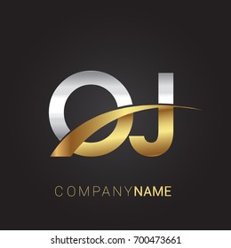 initial letter OJ logotype company name colored gold and silver swoosh design. isolated on black background.