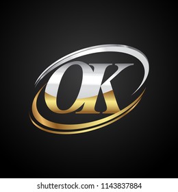 initial letter OK logotype company name colored gold and silver swoosh design. isolated on black background.