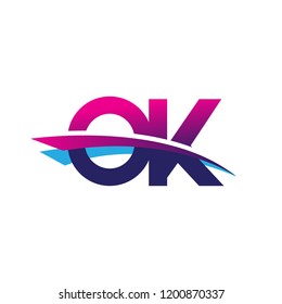 initial letter OK logotype company name colored blue and magenta swoosh design. vector logo for business and company