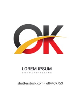 initial letter OK logotype company name colored red, black and yellow swoosh design. isolated on white background.
