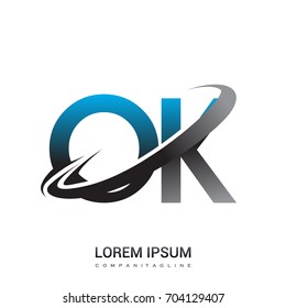 initial letter OK logotype company name colored blue and grey swoosh design. logo design for business and company identity.