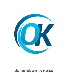 initial letter OK logotype company name blue circle and swoosh design. vector logo for business and company identity.