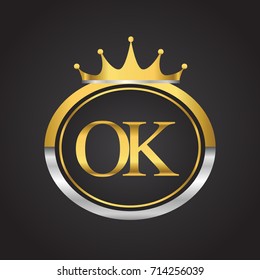 initial letter OK logotype company name with oval shape and crown, gold and silver color. vector logo for business and company identity.