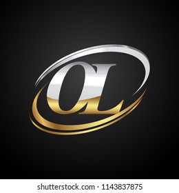 initial letter OL logotype company name colored gold and silver swoosh design. isolated on black background.