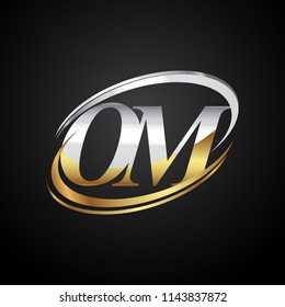 initial letter OM logotype company name colored gold and silver swoosh design. isolated on black background.