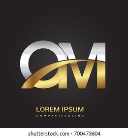 initial letter OM logotype company name colored gold and silver swoosh design. isolated on black background.