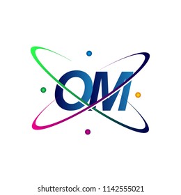 initial letter OM logotype science icon colored blue, red, green and yellow swoosh design. vector logo for business and company identity.
