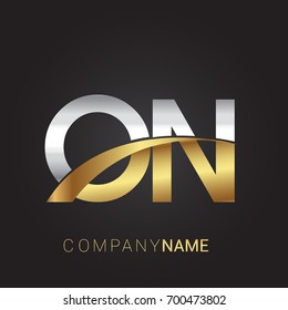 initial letter ON logotype company name colored gold and silver swoosh design. isolated on black background.