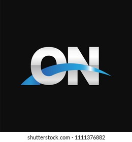 Initial letter ON, overlapping movement swoosh logo, metal silver blue color on black background