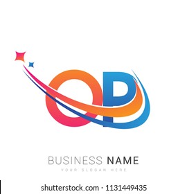 initial letter OP logotype company name colored orange, red and blue swoosh star design. vector logo for business and company identity.
