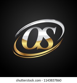 initial letter OS logotype company name colored gold and silver swoosh design. isolated on black background.