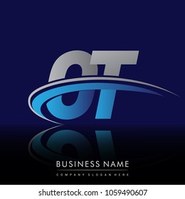 initial letter OT logotype company name colored blue and grey swoosh design. vector logo for business and company identity.