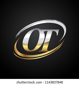 initial letter OT logotype company name colored gold and silver swoosh design. isolated on black background.