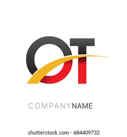 initial letter OT logotype company name colored red, black and yellow swoosh design. isolated on white background.
