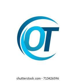 initial letter OT logotype company name blue circle and swoosh design. vector logo for business and company identity.