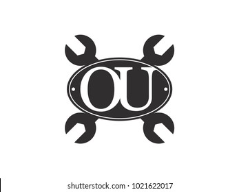 Initial letter OU logo automotive club with crossed wrench black