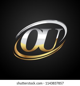 initial letter OU logotype company name colored gold and silver swoosh design. isolated on black background.