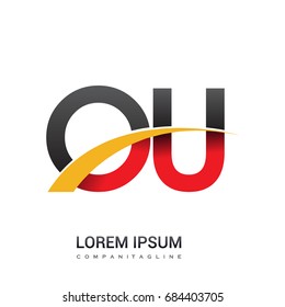 initial letter OU logotype company name colored red, black and yellow swoosh design. isolated on white background.
