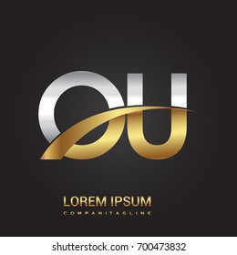 initial letter OU logotype company name colored gold and silver swoosh design. isolated on black background.