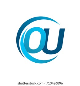 initial letter OU logotype company name blue circle and swoosh design. vector logo for business and company identity.