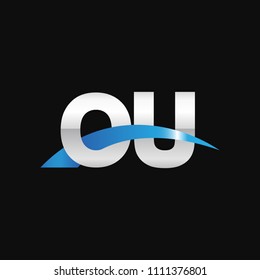 Initial letter OU, overlapping movement swoosh logo, metal silver blue color on black background