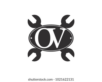 Initial letter OV logo automotive club with crossed wrench black