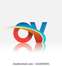 initial letter OV logotype company name colored red and blue and swoosh design. vector logo for business and company identity.
