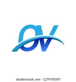 initial letter OV logotype company name colored blue and swoosh design. vector logo for business and company identity.