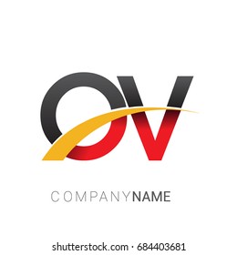 initial letter OV logotype company name colored red, black and yellow swoosh design. isolated on white background
