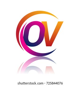 initial letter OV logotype company name orange and magenta color on circle and swoosh design. vector logo for business and company identity.