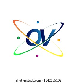 initial letter OV logotype science icon colored blue, red, green and yellow swoosh design. vector logo for business and company identity.
