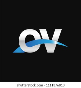 Initial letter OV, overlapping movement swoosh logo, metal silver blue color on black background