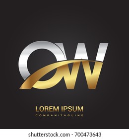 initial letter OW logotype company name colored gold and silver swoosh design. isolated on black background.