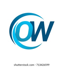 initial letter OW logotype company name blue circle and swoosh design. vector logo for business and company identity.