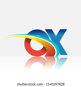 initial letter OX logotype company name colored red and blue and swoosh design. vector logo for business and company identity.
