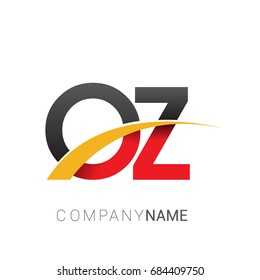 initial letter OZ logotype company name colored red, black and yellow swoosh design. isolated on white background.
