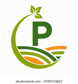 Initial Letter P Agriculture And Farming Logo Combine With Field and Leaf Symbol