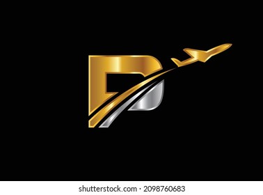 Initial letter P with airplane Logo Design. Airline, airplane, aviation, travel logo template.