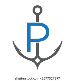 Initial Letter P Anchor Logo Design Concept For Boat, Ship, Yacht, Nautical Transport Symbol