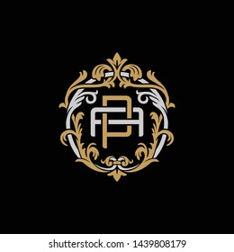 Initial letter A and P, AP, PA, decorative ornament emblem badge, overlapping monogram logo, elegant luxury silver gold color on black background