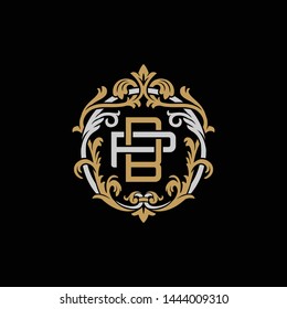 Initial letter P and B, PB, BP, decorative ornament emblem badge, overlapping monogram logo, elegant luxury silver gold color on black background