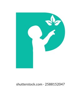 Initial Letter P Baby and Eco Leaf Symbol For Kinds Logo Design