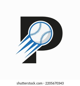 Initial Letter P Baseball Logo Concept With Moving Baseball Icon Vector Template