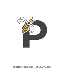 Initial letter P bee logo design. Honey bee with letter P on wings logo or icon vector bee design illustration concept .