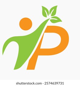 Initial Letter P Bio or Healthcare Logo Design Concept With Human And Green Leaf Symbol